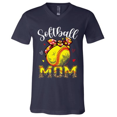 Softball Mom Headband Leopard Softball Ball Mothers Day Mama V-Neck T-Shirt