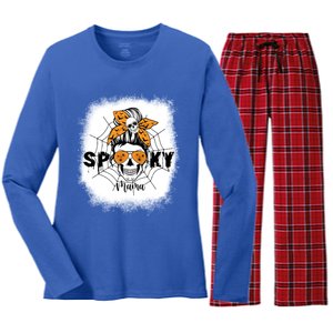 Spooky Mama Halloween Skull Messy Bun Witch Mom Gift Women's Long Sleeve Flannel Pajama Set 