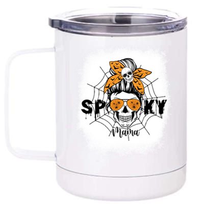 Spooky Mama Halloween Skull Messy Bun Witch Mom Gift 12 oz Stainless Steel Tumbler Cup