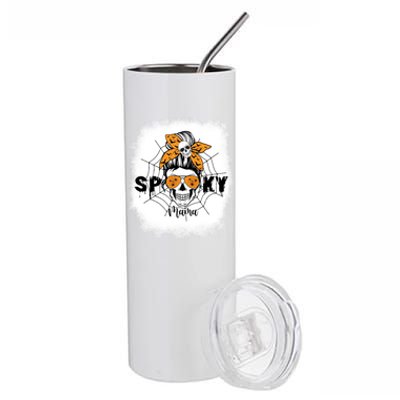 Spooky Mama Halloween Skull Messy Bun Witch Mom Gift Stainless Steel Tumbler