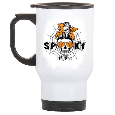 Spooky Mama Halloween Skull Messy Bun Witch Mom Gift Stainless Steel Travel Mug