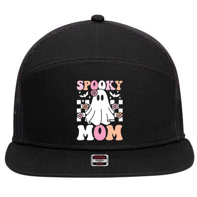 Spooky Mom Halloween Ghost Costume Retro Groovy 7 Panel Mesh Trucker Snapback Hat