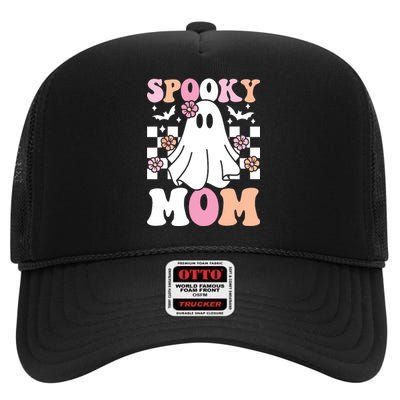 Spooky Mom Halloween Ghost Costume Retro Groovy High Crown Mesh Back Trucker Hat