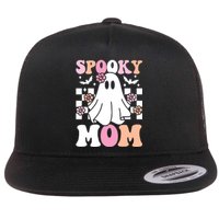 Spooky Mom Halloween Ghost Costume Retro Groovy Flat Bill Trucker Hat