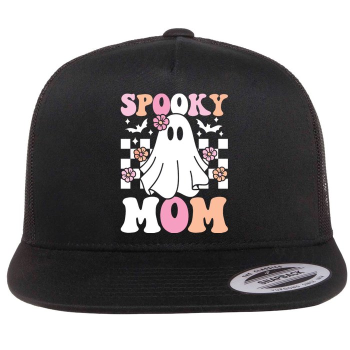 Spooky Mom Halloween Ghost Costume Retro Groovy Flat Bill Trucker Hat