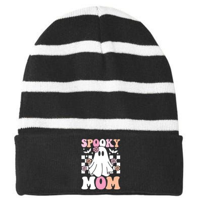 Spooky Mom Halloween Ghost Costume Retro Groovy Striped Beanie with Solid Band