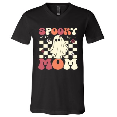 Spooky Mom Halloween Ghost Costume Retro Groovy V-Neck T-Shirt