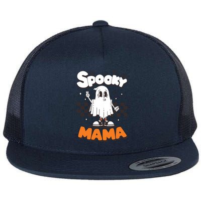 Spooky Mama Halloween Ghost Costume Retro Groovy Gift Flat Bill Trucker Hat