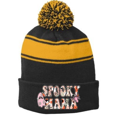 Spooky Mama Halloween Mom Stripe Pom Pom Beanie