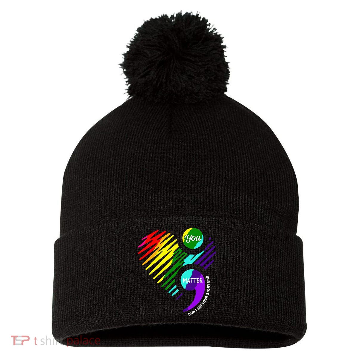 Semicolon Mental Health Awareness Pom Pom 12in Knit Beanie