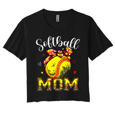 Softball Mom Headband Leopard Softball Ball Mothers Day Mama Women's Crop Top Tee