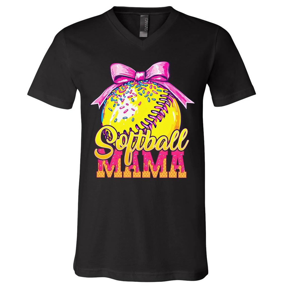 Softball Mama Ice Cream Drip Cheer Mom Game Day Mothers Day V-Neck T-Shirt