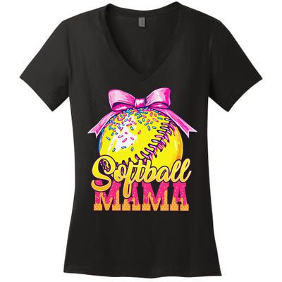 Softball Mama Ice Cream Drip Cheer Mom Game Day Mothers Day Women's V-Neck T-Shirt