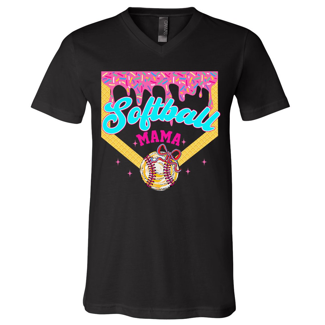 Softball Mama Ice Cream Drip Cheer Mom Game Day Mothers Day V-Neck T-Shirt