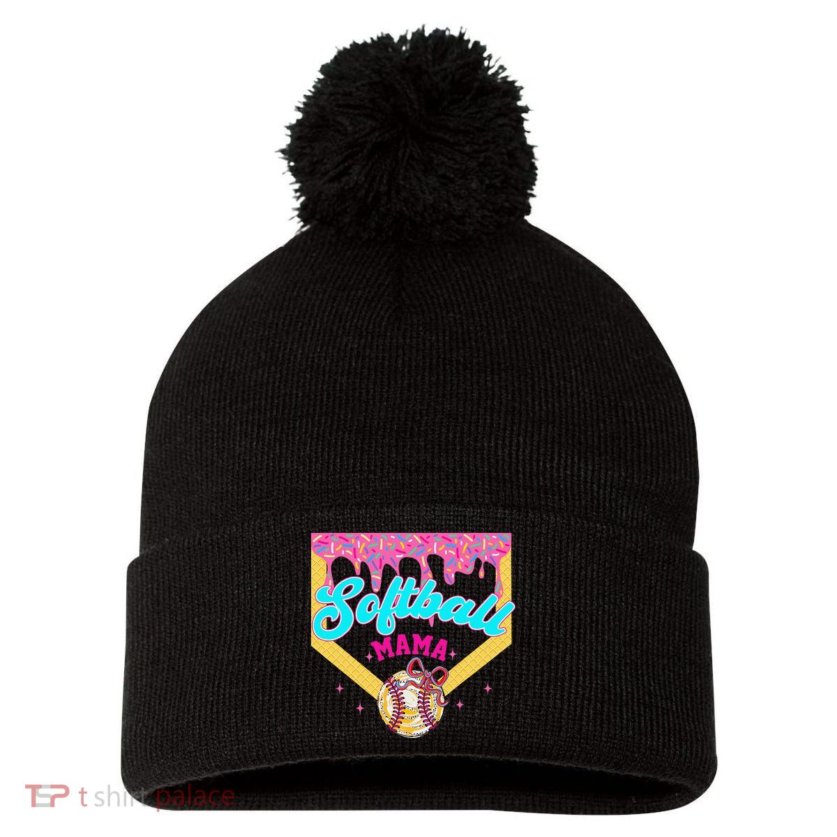 Softball Mama Ice Cream Drip Cheer Mom Game Day Mothers Day Pom Pom 12in Knit Beanie