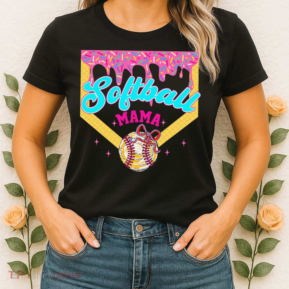 Softball Mama Ice Cream Drip Cheer Mom Game Day Mothers Day Womens T-Shirt