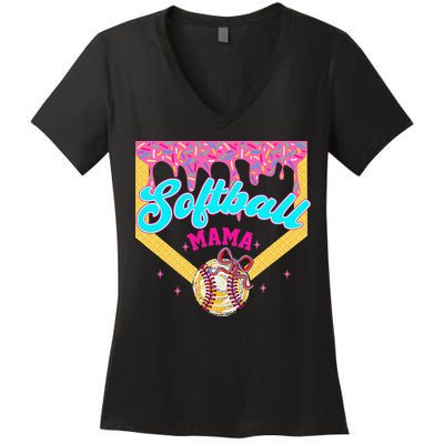 Softball Mama Ice Cream Drip Cheer Mom Game Day Mothers Day Women's V-Neck T-Shirt