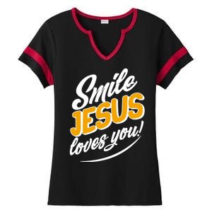 Smile Jesus Loves You!  Ladies Halftime Notch Neck Tee