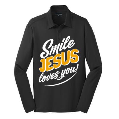 Smile Jesus Loves You!  Silk Touch Performance Long Sleeve Polo