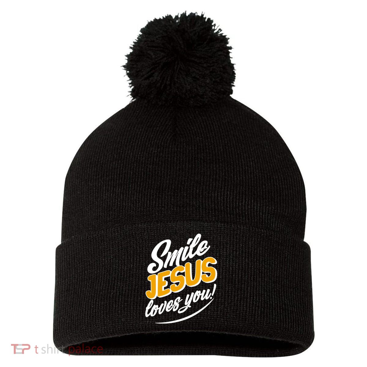 Smile Jesus Loves You!  Pom Pom 12in Knit Beanie