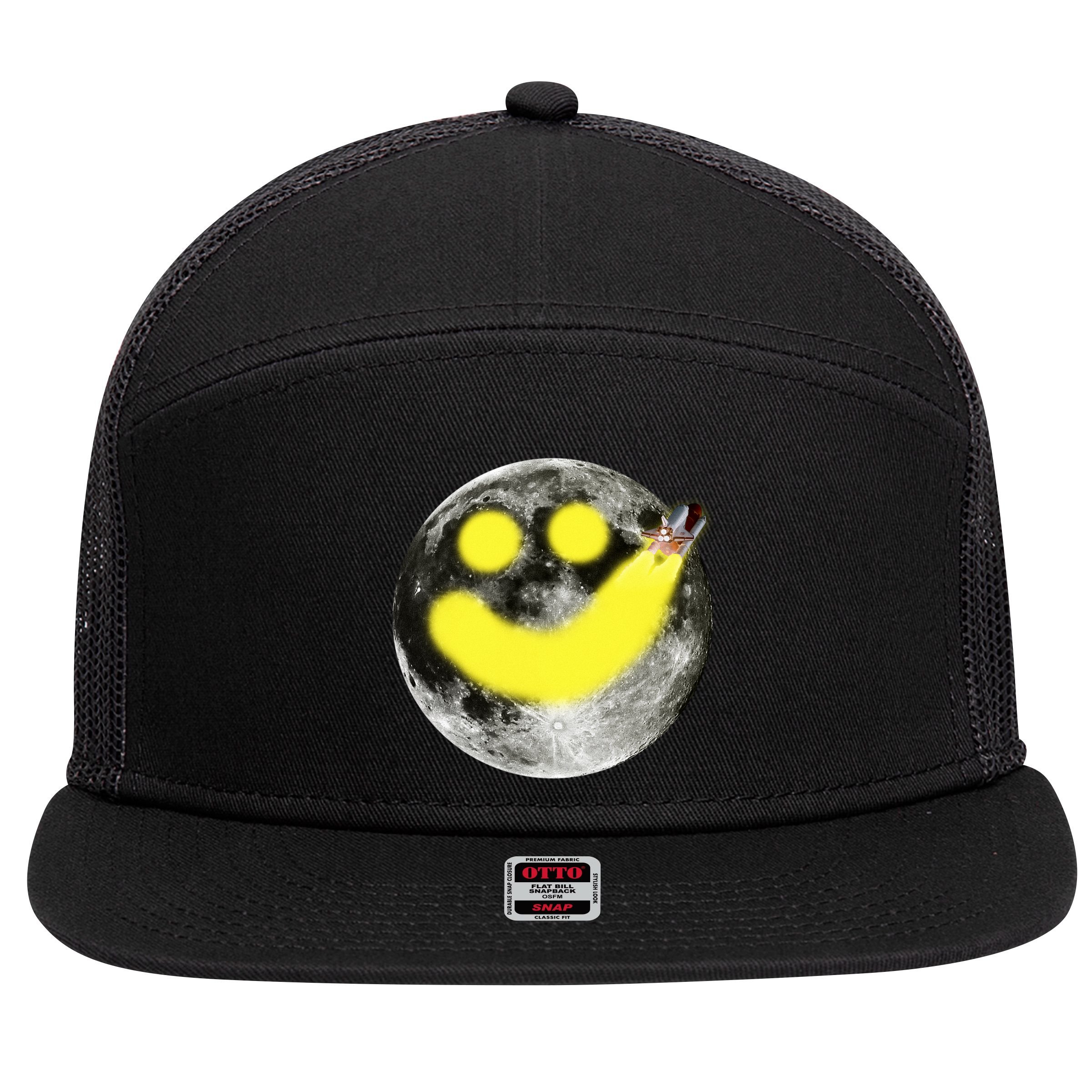 Smiley Face Happy Moon  7 Panel Mesh Trucker Snapback Hat