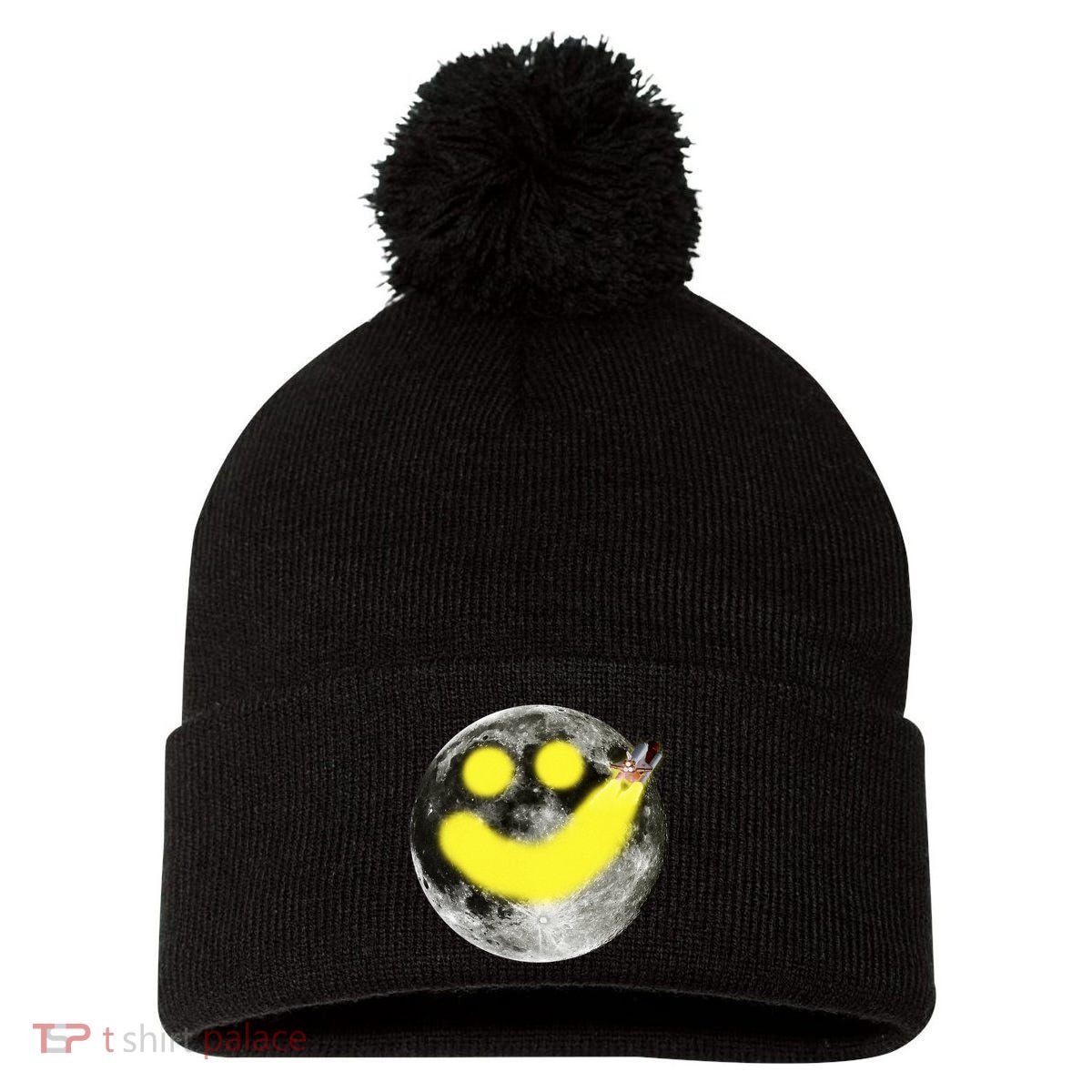Smiley Face Happy Moon  Pom Pom 12in Knit Beanie