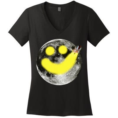 Smiley Face Happy Moon  Women's V-Neck T-Shirt