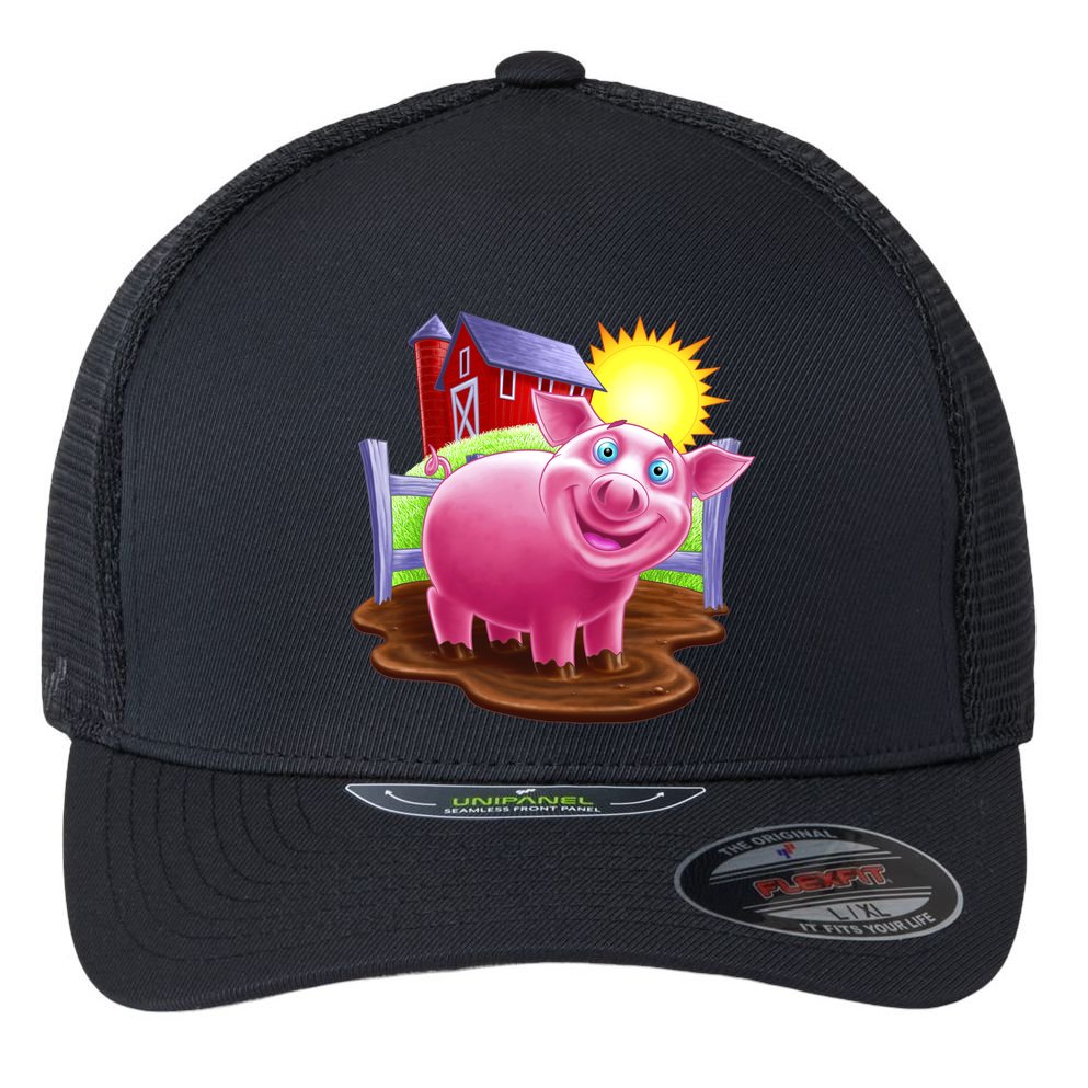 Smiling Farm Pig Flexfit Unipanel Trucker Cap