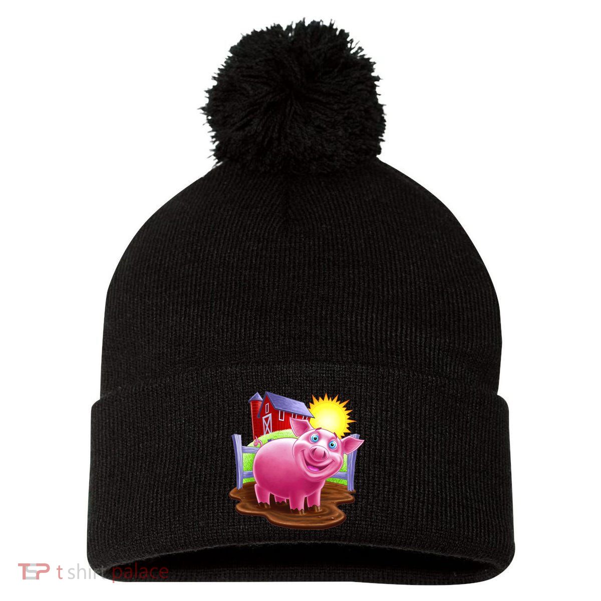 Smiling Farm Pig Pom Pom 12in Knit Beanie