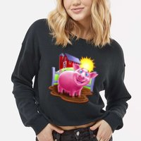 Smiling Farm Pig Cropped Pullover Crew