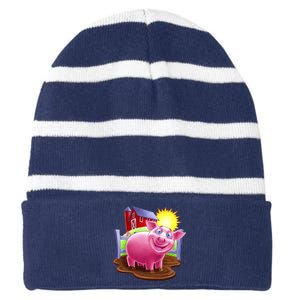 Smiling Farm Pig Striped Beanie with Solid Band