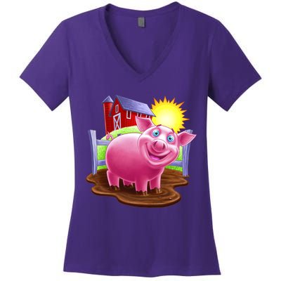 Smiling Farm Pig Women's V-Neck T-Shirt