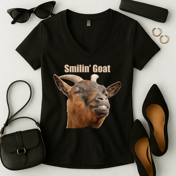 Smiling Goat Funny Women's V-Neck T-Shirt