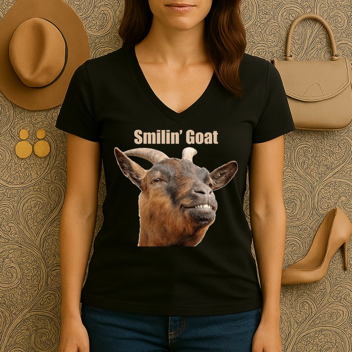 Smiling Goat Funny Women's V-Neck T-Shirt