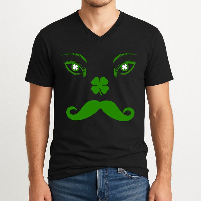 Smiling Irish Eyes Cloverleaf Mustache V-Neck T-Shirt