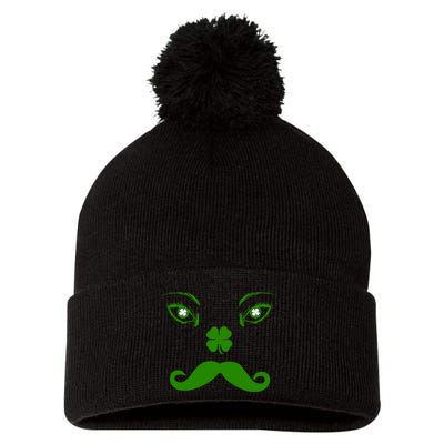 Smiling Irish Eyes Cloverleaf Mustache Pom Pom 12in Knit Beanie