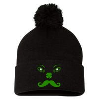 Smiling Irish Eyes Cloverleaf Mustache Pom Pom 12in Knit Beanie