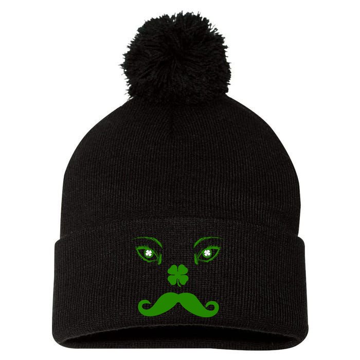 Smiling Irish Eyes Cloverleaf Mustache Pom Pom 12in Knit Beanie
