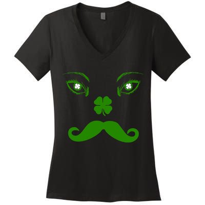 Smiling Irish Eyes Cloverleaf Mustache Women's V-Neck T-Shirt
