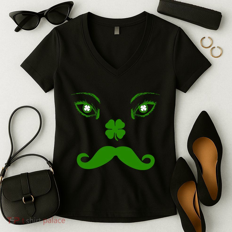 Smiling Irish Eyes Cloverleaf Mustache Women's V-Neck T-Shirt