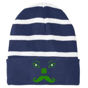 Smiling Irish Eyes Cloverleaf Mustache Striped Beanie with Solid Band