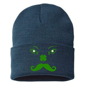 Smiling Irish Eyes Cloverleaf Mustache Sustainable Knit Beanie