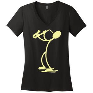 Sax Man Jazz Music Saxophone Player Cartoon Musician Women's V-Neck T-Shirt