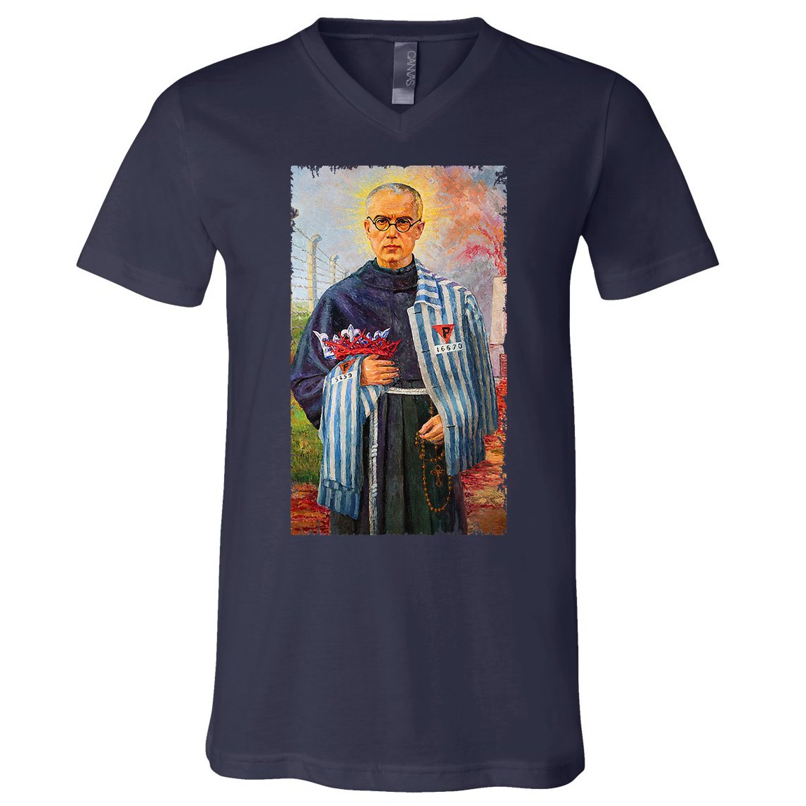 St Maximilian Kolbe Two Crowns Catholic Saint V-Neck T-Shirt