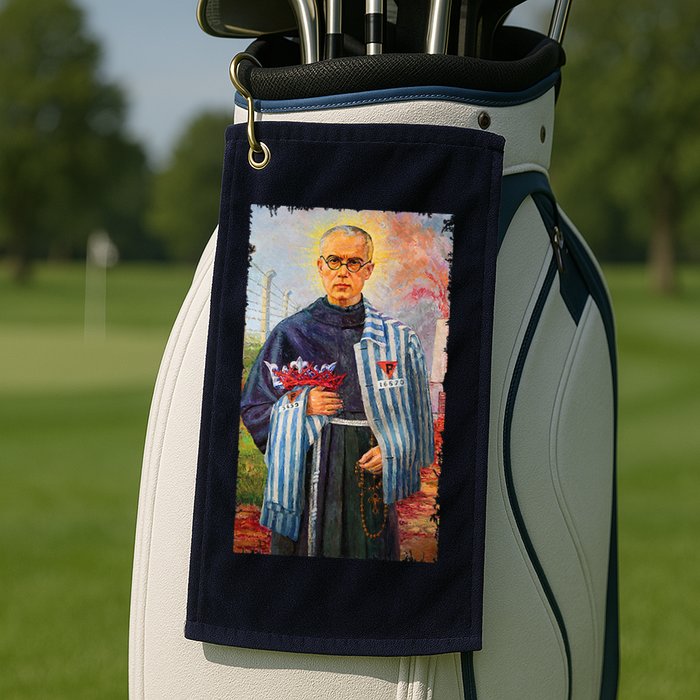 St Maximilian Kolbe Two Crowns Catholic Saint Golf Towel