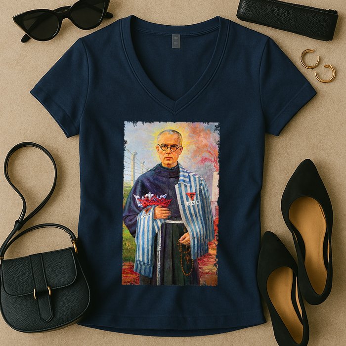 St Maximilian Kolbe Two Crowns Catholic Saint Women's V-Neck T-Shirt