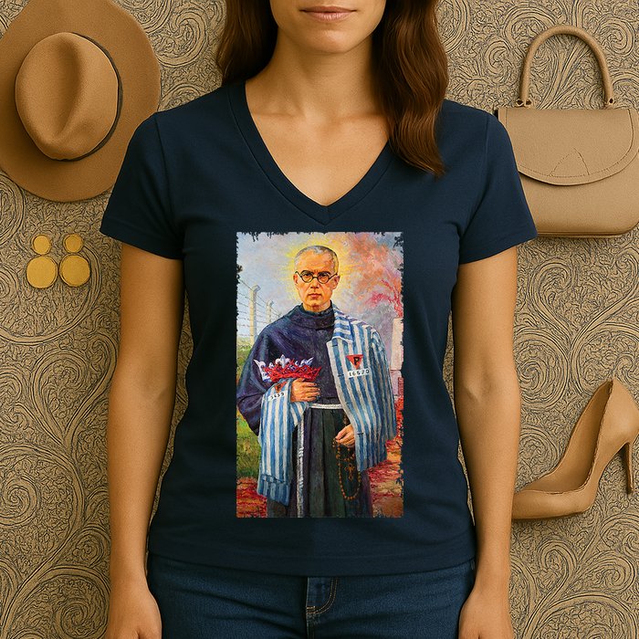 St Maximilian Kolbe Two Crowns Catholic Saint Women's V-Neck T-Shirt