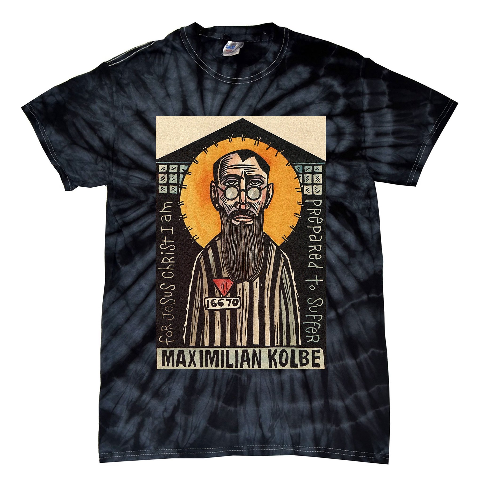 St Maximilian Kolbe Two Crowns Catholic Saint Tie-Dye T-Shirt