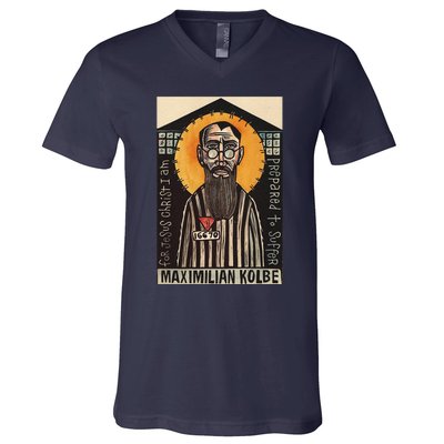 St Maximilian Kolbe Two Crowns Catholic Saint V-Neck T-Shirt