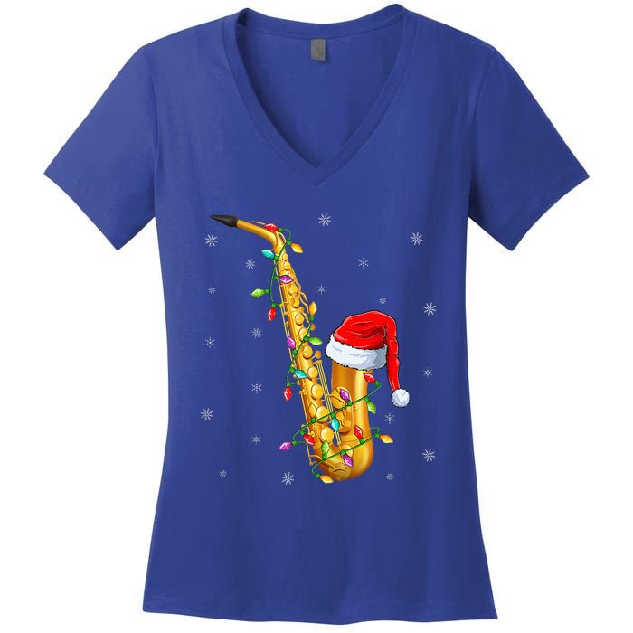 Saxophone Music Lover Xmas Lights Santa Saxophone Christmas  Women's V-Neck T-Shirt